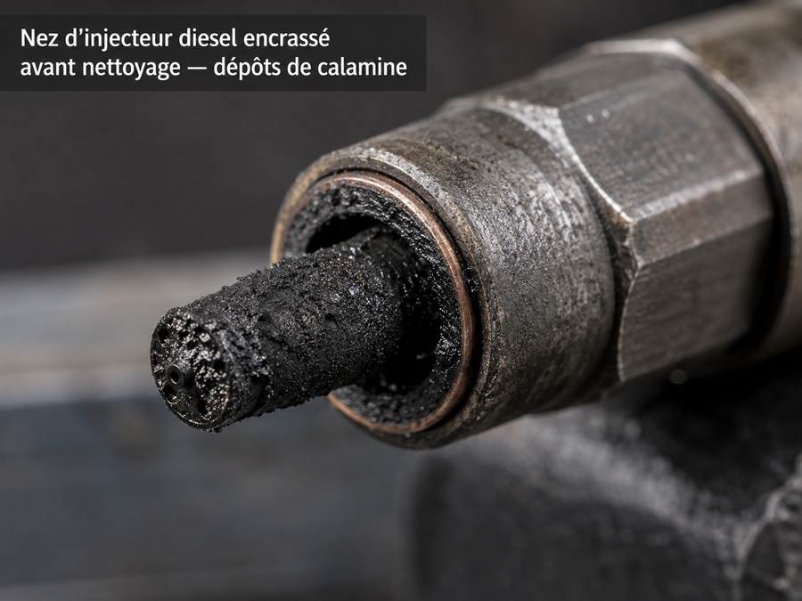 Nez d'injecteur diesel encrassé avant nettoyage — dépôts de calamine